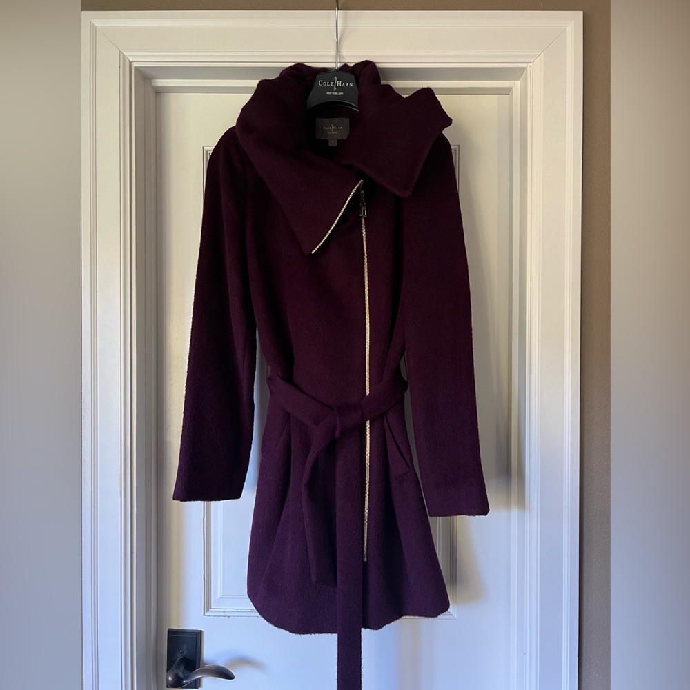 Wine colored Cole Haan New York alpaca asymmetric coat. Like New!